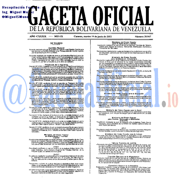 Gaceta Oficial 39947 del 19 Junio 2012