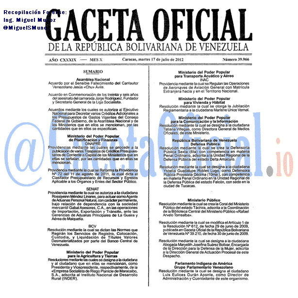 Gaceta Oficial 39966 del 17 Julio 2012