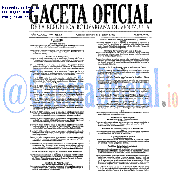 Gaceta Oficial 39967 del 18 Julio 2012
