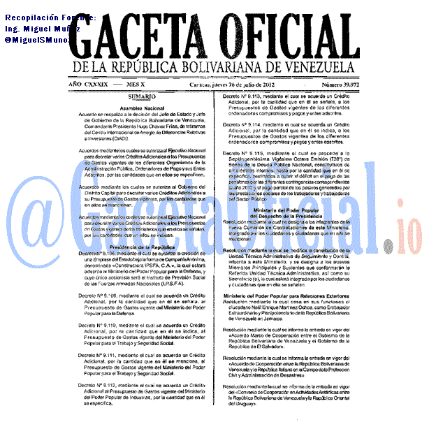 Gaceta Oficial 39972 del 26 Julio 2012