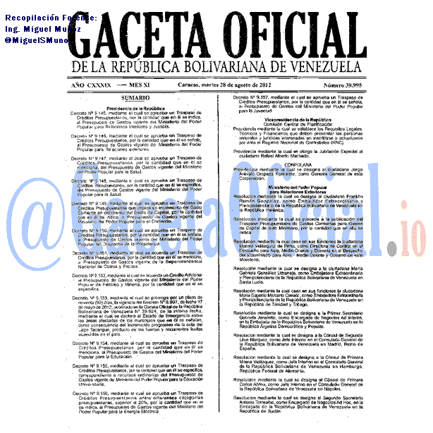 Gaceta Oficial 39995 del 28 Agosto 2012
