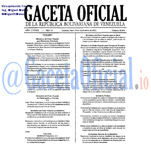 Gaceta Oficial 40004 del 10 Septiembre 2012