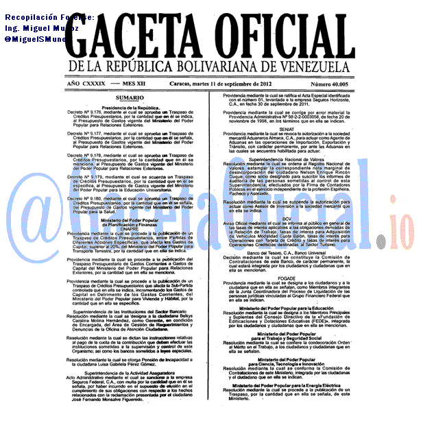 Gaceta Oficial 40005 del 11 Septiembre 2012