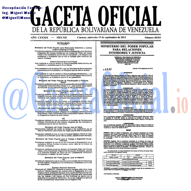 Gaceta Oficial 40011 del 19 Septiembre 2012