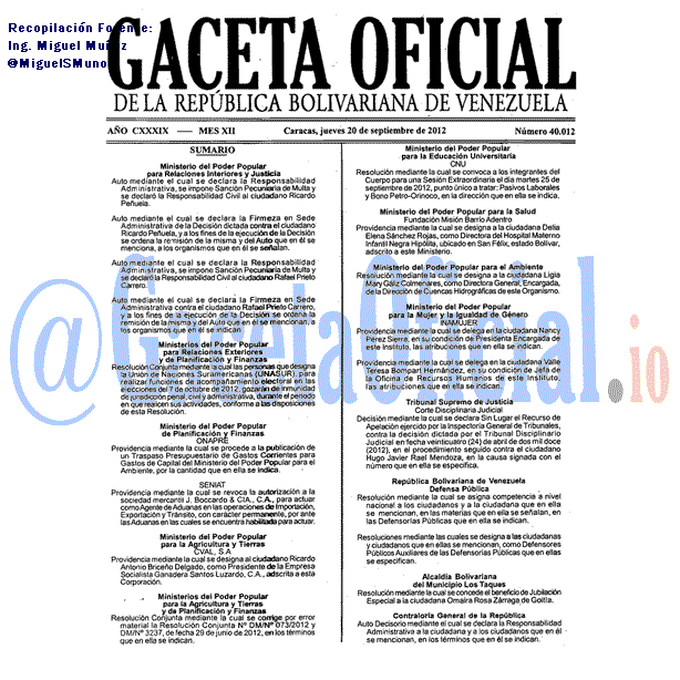 Gaceta Oficial 40012 del 20 Septiembre 2012