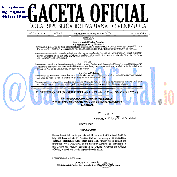 Gaceta Oficial 40014 del 24 Septiembre 2012