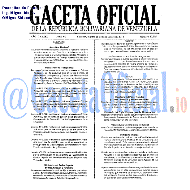 Gaceta Oficial 40015 del 25 Septiembre 2012