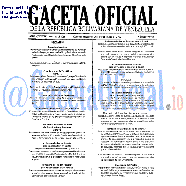 Gaceta Oficial 40016 del 26 Septiembre 2012