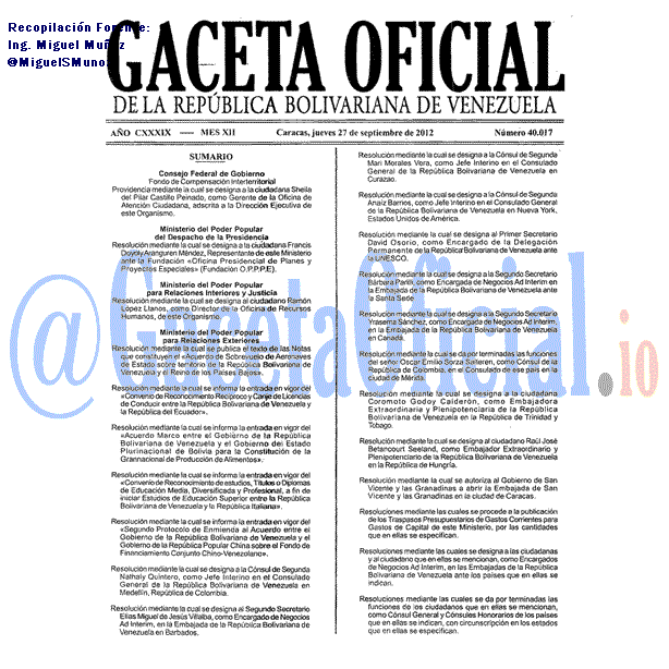 Gaceta Oficial 40017 del 27 Septiembre 2012