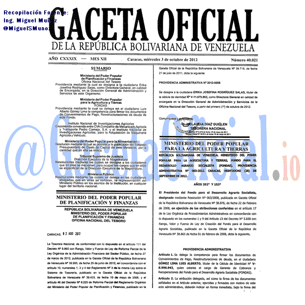 Gaceta Oficial 40021 del 3 Octubre 2012