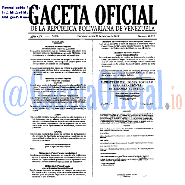 Gaceta Oficial 40037 del 26 Octubre 2012