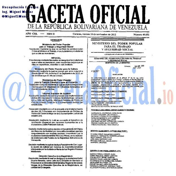 Gaceta Oficial 40052 del 16 Noviembre 2012
