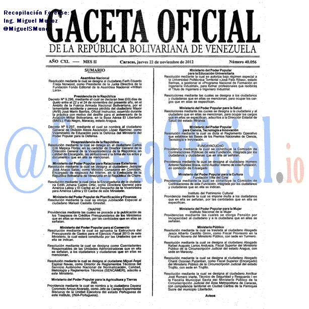 Gaceta Oficial 40056 del 22 Noviembre 2012