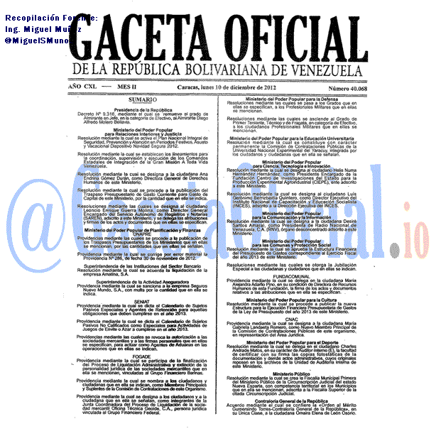 Gaceta Oficial 40068 del 10 Diciembre 2012