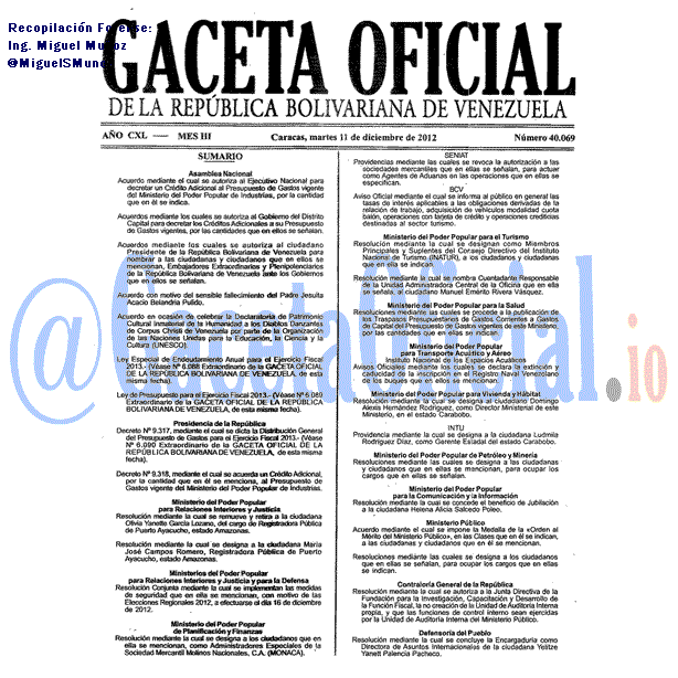Gaceta Oficial 40069 del 11 Diciembre 2012