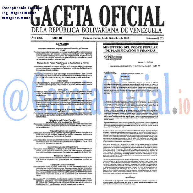 Gaceta Oficial 40072 del 14 Diciembre 2012