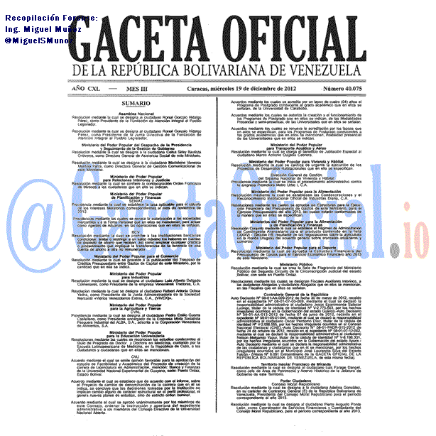 Gaceta Oficial 40075 del 19 Diciembre 2012