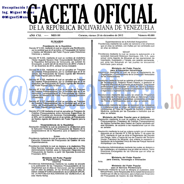 Gaceta Oficial 40080 del 28 Diciembre 2012