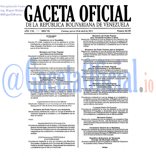 Gaceta Oficial 40150 del 18 Abril 2013 Gaceta Oficial 40150 del 18 Abril 2013