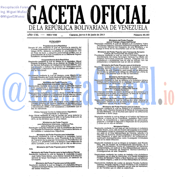 Gaceta Oficial 40183 del 6 Junio 2013