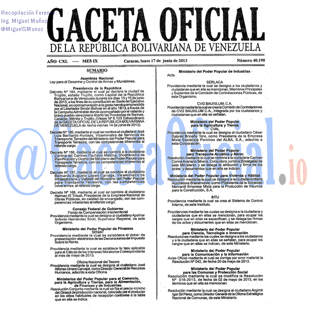 Gaceta Oficial 40190 del 17 Junio 2013