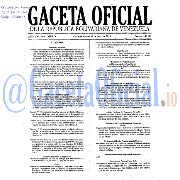 Gaceta Oficial 40191 del 18 Junio 2013