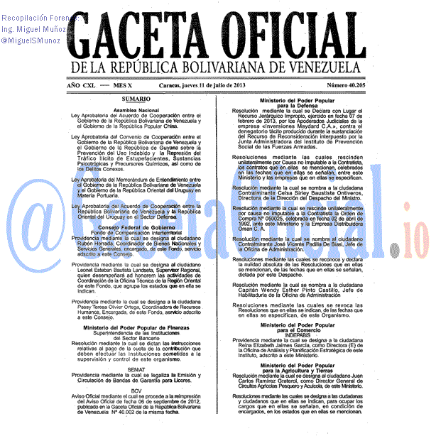 Gaceta Oficial 40205 del 11 Julio 2013