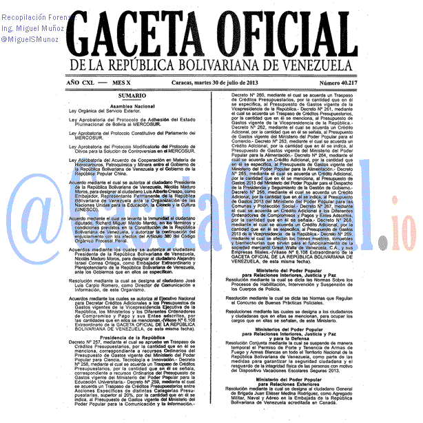 Gaceta Oficial 40217 del 30 Julio 2013