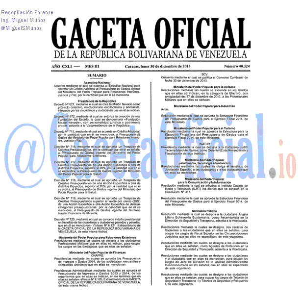 Gaceta Oficial 40324 del 30 diciembre 2013 Gaceta Oficial 40324 del 30 diciembre 2013