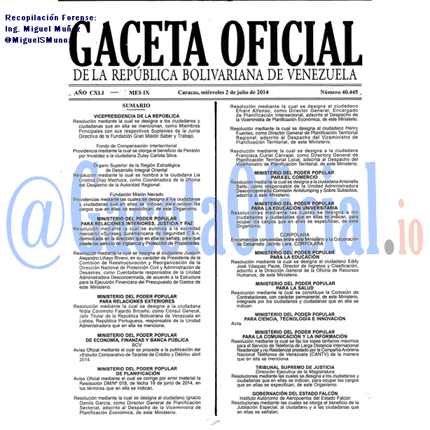 Gaceta Oficial 40445 del 2 Julio 2014 Gaceta Oficial 40445 del 2 Julio 2014