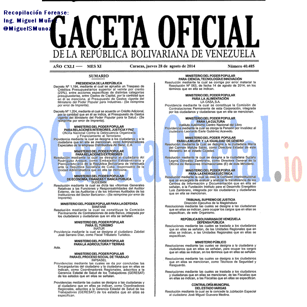 Gaceta Oficial 40485 del 28 Agosto 2014