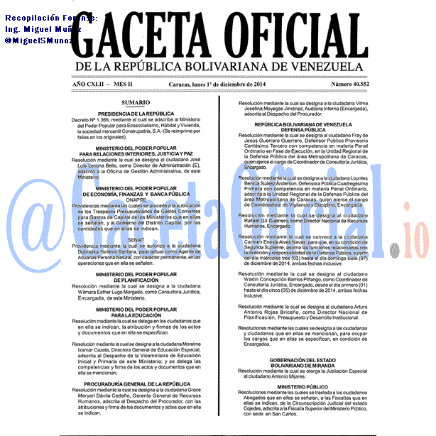 Gaceta Oficial 40552 del 2 Diciembre 2014