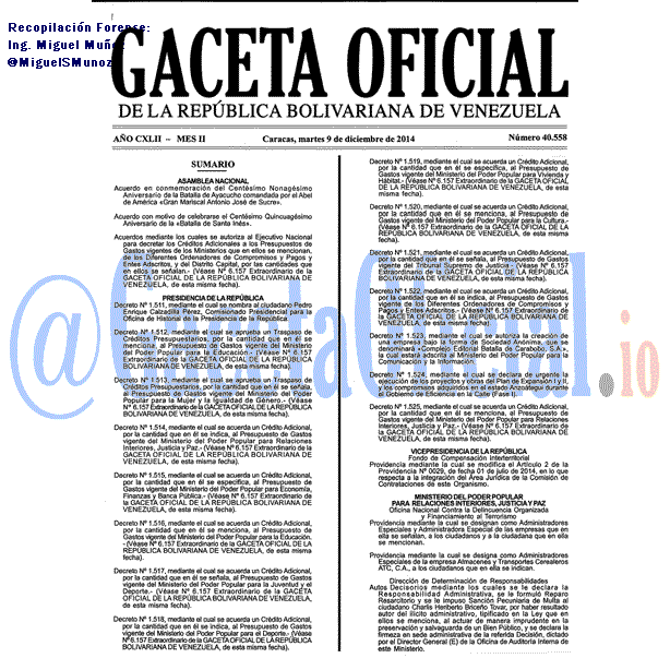 Gaceta Oficial 40558 del 9 Diciembre 2014