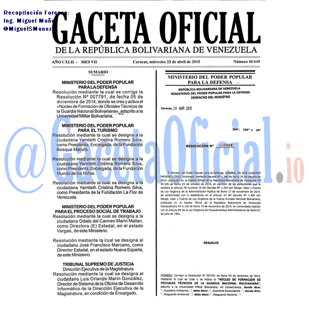 Gaceta Oficial 40645 del 22 Abril 2015