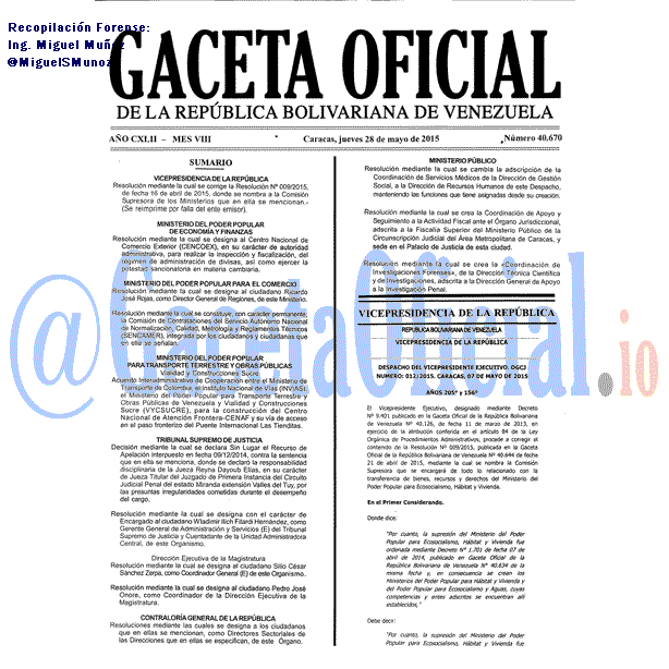 Gaceta Oficial 40670 del 28 mayo 2015