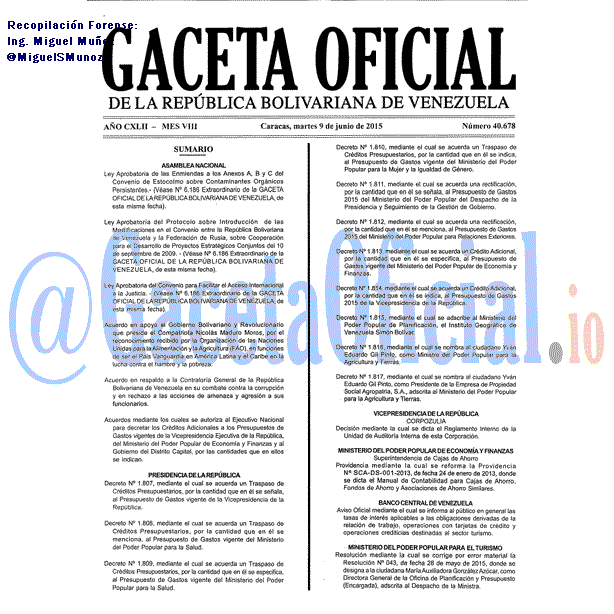 Gaceta Oficial 40678 del 9 junio 2015