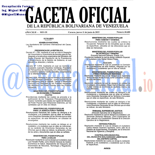 Gaceta Oficial 40680 del 11 junio 2015