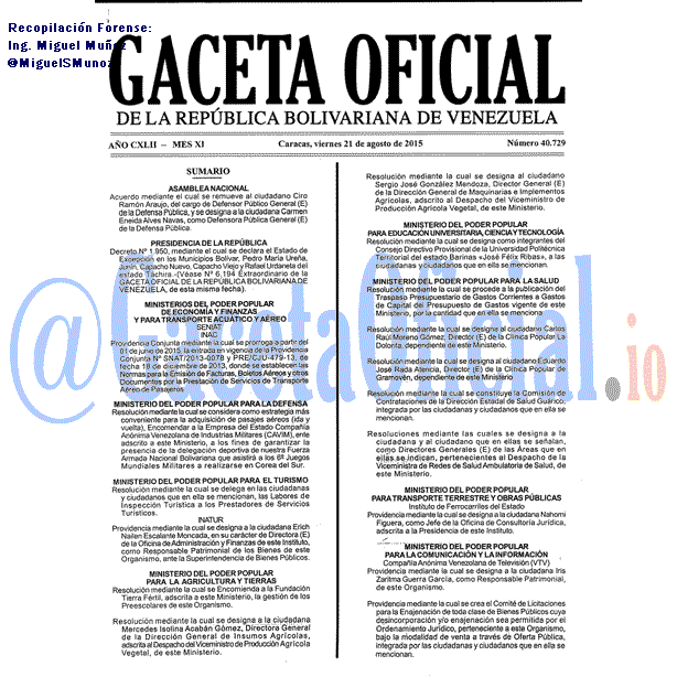 Gaceta Oficial 40729 del 21 agosto 2015