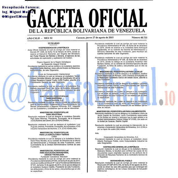 Gaceta Oficial 40733 del 27 AGOSTO 2015