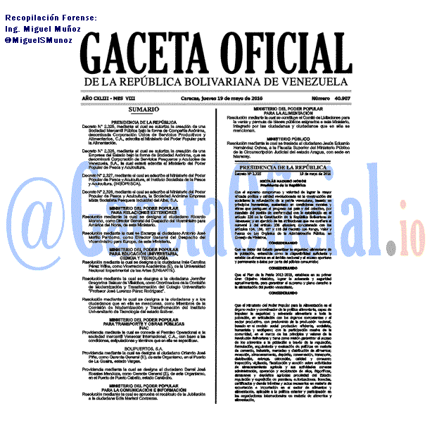 Gaceta Oficial 40907 del 19 mayo 2016