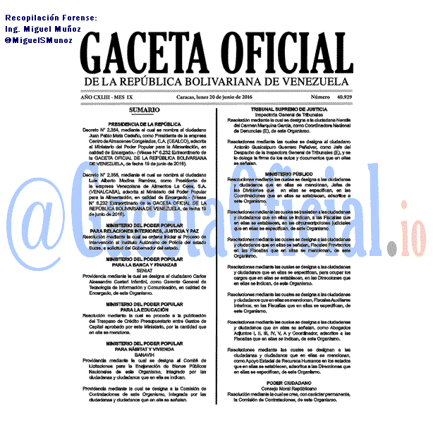 Gaceta Oficial 40929 del 20 junio 2016