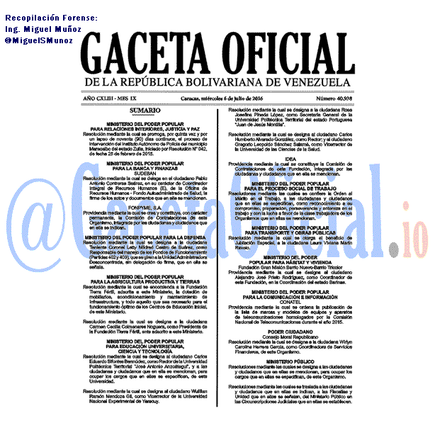 Gaceta Oficial 40938 del 6 julio 2016