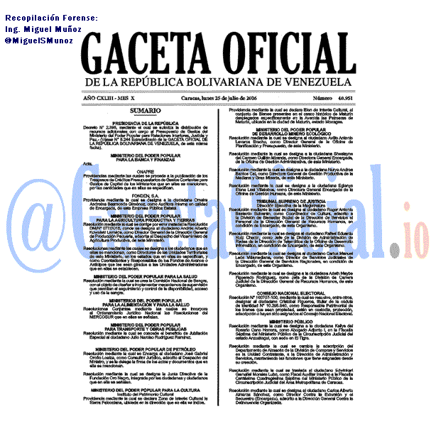 Gaceta Oficial 40951 del 25 julio 2016