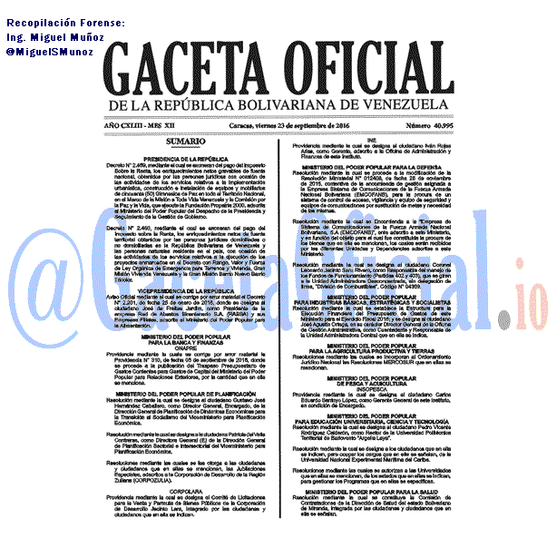 Gaceta Oficial 40995 del 23 Septiembre 2016