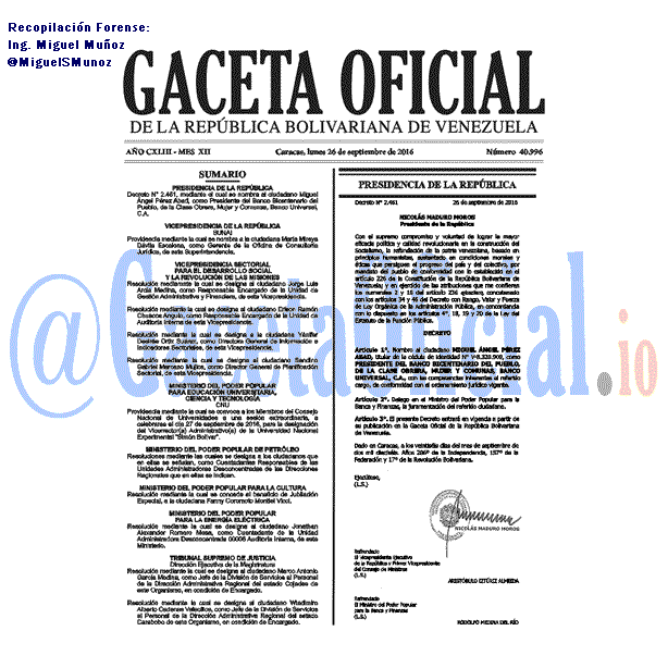 Gaceta Oficial 40996 del 26 Septiembre 2016