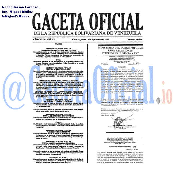Gaceta Oficial 40999 del 29 Septiembre 2016