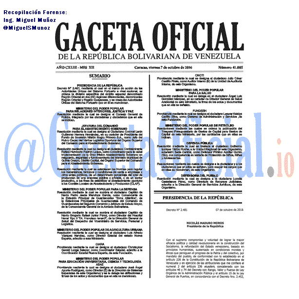 Gaceta Oficial 41005 del 7 octubre 2016