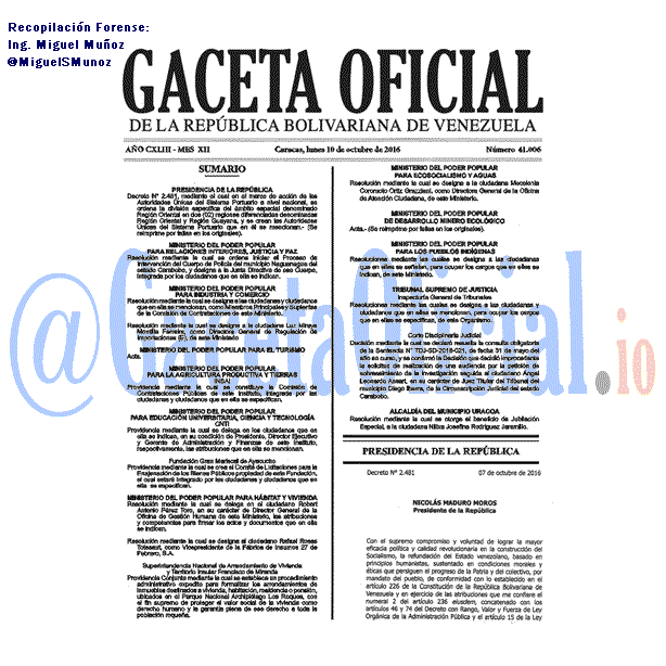 Gaceta Oficial 41006 del 10 octubre 2016