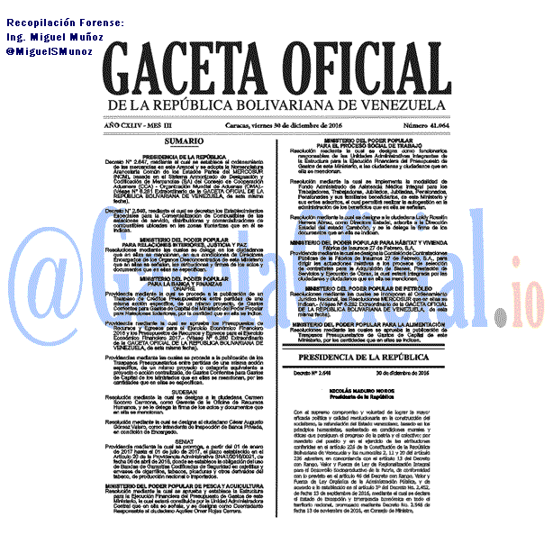 Gaceta Oficial 41064 del 30 diciembre 2016 Gaceta Oficial 41064 del 30 diciembre 2016
