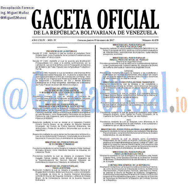 Gaceta Oficial 41078 del 19 enero 2017 Gaceta Oficial 41078 del 19 enero 2017